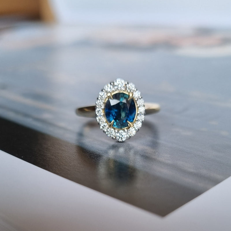 Teal Sapphire and Diamond Ring