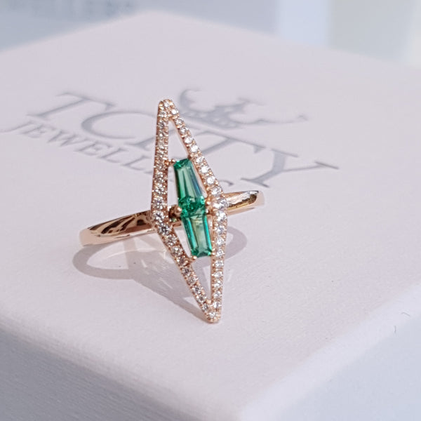 Green Stone Diamond Rose Gold Ring