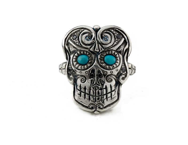 Hand Fabricated Silver Engraved Skull Ring Turquoise Eyes