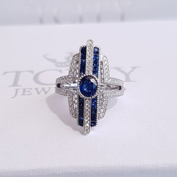 Sapphire Diamond Art Deco Ring