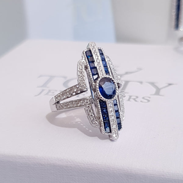 Sapphire Diamond White Gold Art Deco Ring